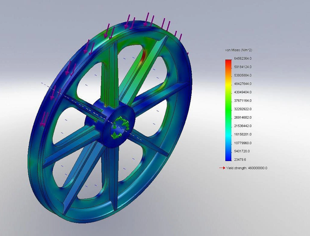 Finite element analysis stress plot of a sheave wheel produced in SolidWorks