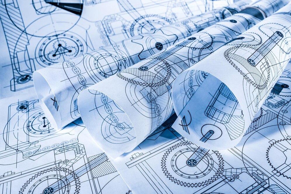 Rolled engineering drawings of gear and shaft assemblies, dimensioned general-arrangement detail